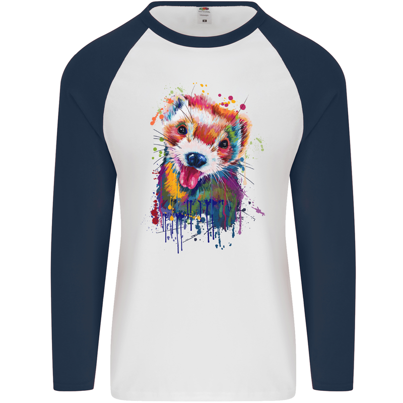 Ferret Watercolour Mens L/S Baseball T-Shirt White/Navy Blue