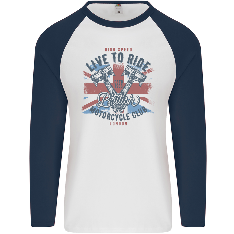 British Motorcycle Club Live to Ride Biker Mens L/S Baseball T-Shirt White/Navy Blue