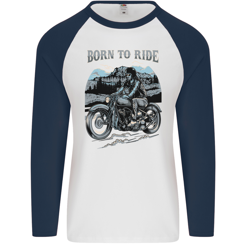 Born to Ride Motorbike Motorcycle Biker Mens L/S Baseball T-Shirt White/Navy Blue