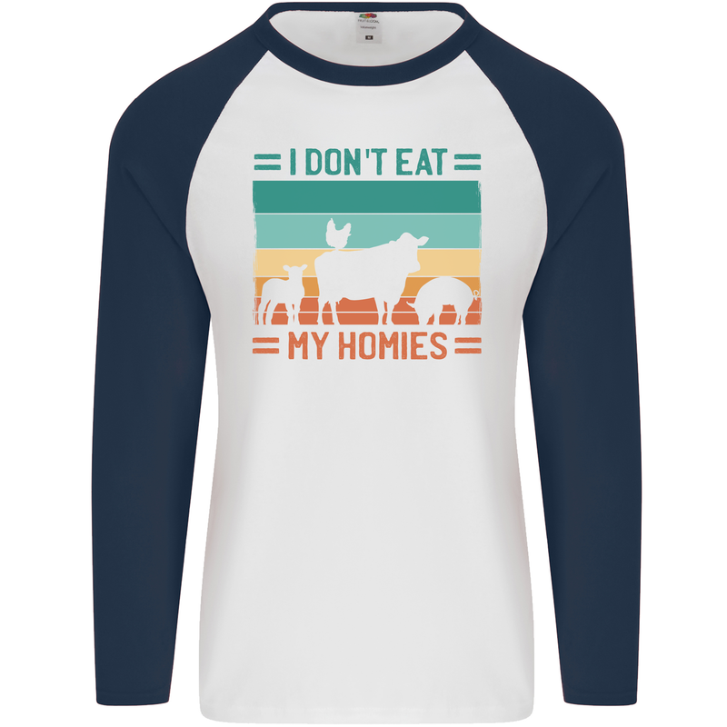 I Don't Eat My Homies Funny Vegan Vegetarian Mens L/S Baseball T-Shirt White/Navy Blue
