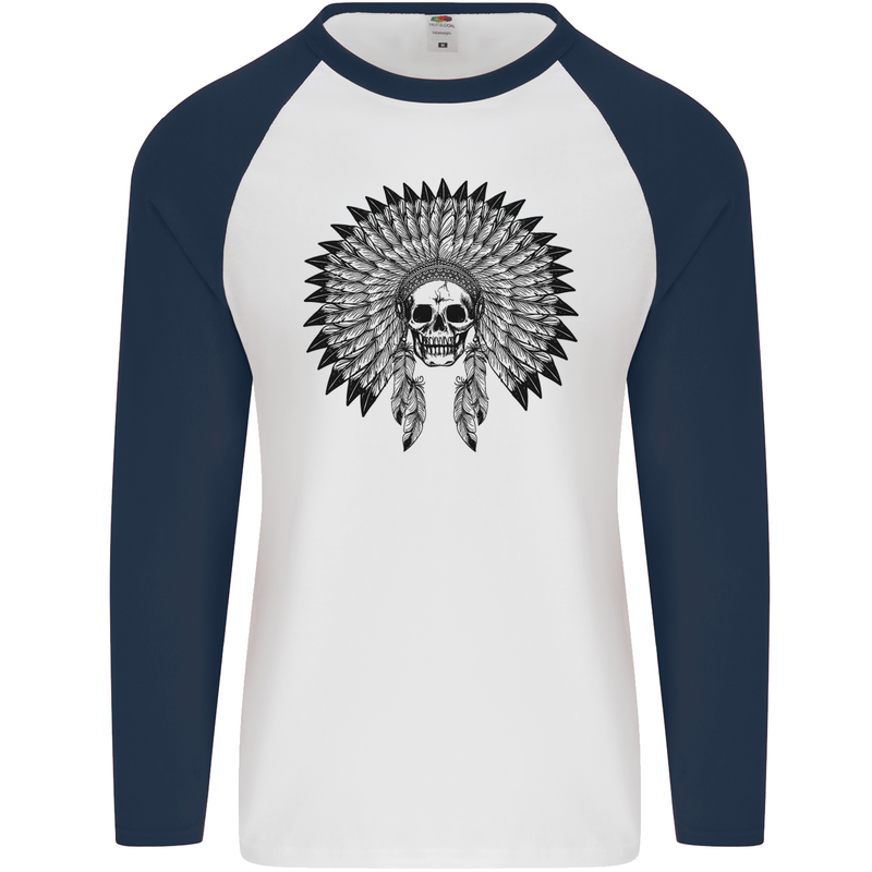 Indian Skull Headdress Biker Motorcycle Mens L/S Baseball T-Shirt White/Navy Blue