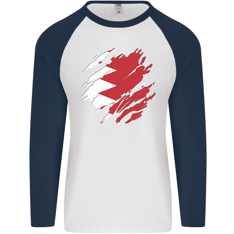 Torn Bahrain Flag Bahraini Day Football Mens L/S Baseball T-Shirt White/Navy Blue