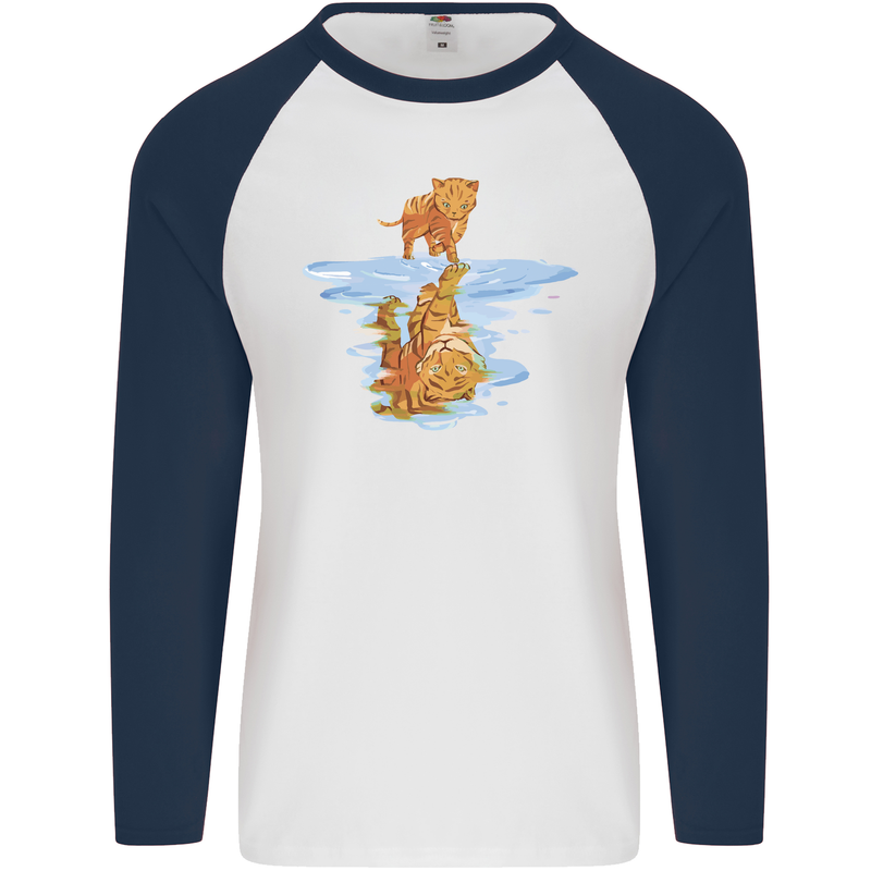 Funny Tiger Cat Reflection Mens L/S Baseball T-Shirt White/Navy Blue