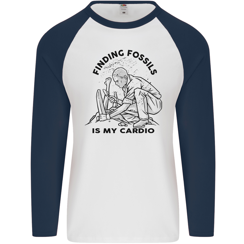 Funny Palaeontology Finding Fossils is My Cardio Mens L/S Baseball T-Shirt White/Navy Blue