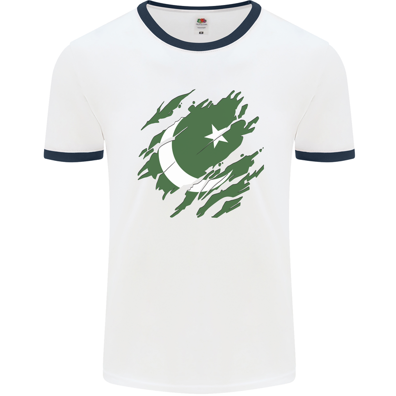 Torn Pakistan Flag Pakistani Day Football Mens Ringer T-Shirt White/Navy Blue