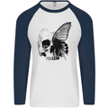 A Butterfly Skull Mens L/S Baseball T-Shirt White/Navy Blue