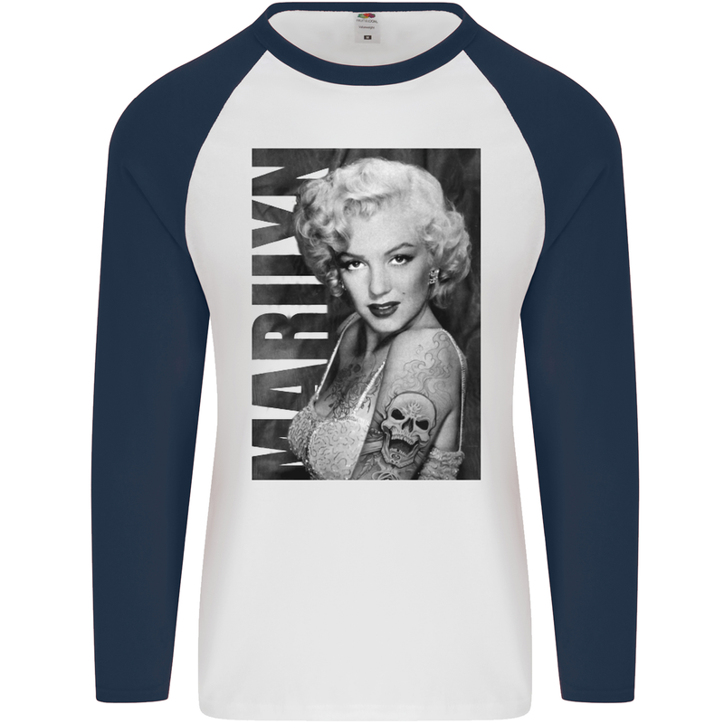 Marilyn Tattoo Mens L/S Baseball T-Shirt White/Navy Blue