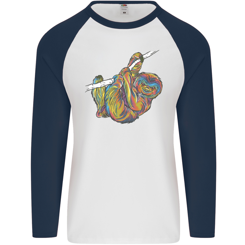 A Colourful Sloth on a Branch Mens L/S Baseball T-Shirt White/Navy Blue