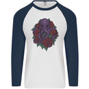 Octopus Skull Cthulhu Kraken With Roses Mens L/S Baseball T-Shirt White/Navy Blue