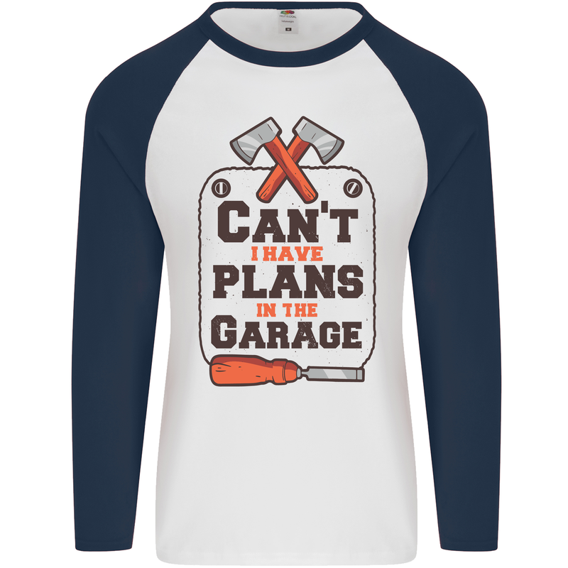 Plans In the Garage Carpentry DIY Tradesman Mens L/S Baseball T-Shirt White/Navy Blue