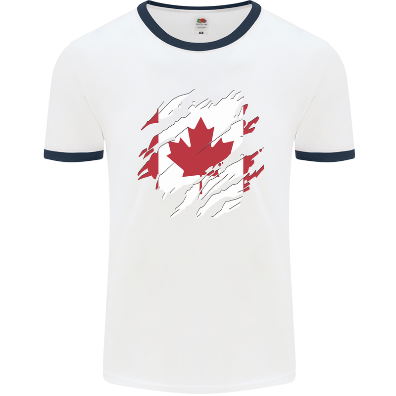 Torn Canada Flag Canadian Day Football Mens Ringer T-Shirt White/Navy Blue