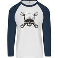 Spanner Skull Mechanic Car Biker Motorcycle Mens L/S Baseball T-Shirt White/Navy Blue