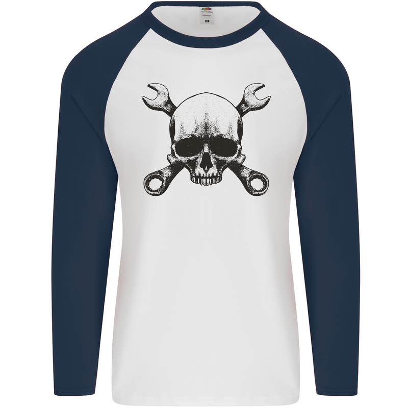 Spanner Skull Mechanic Car Biker Motorcycle Mens L/S Baseball T-Shirt White/Navy Blue