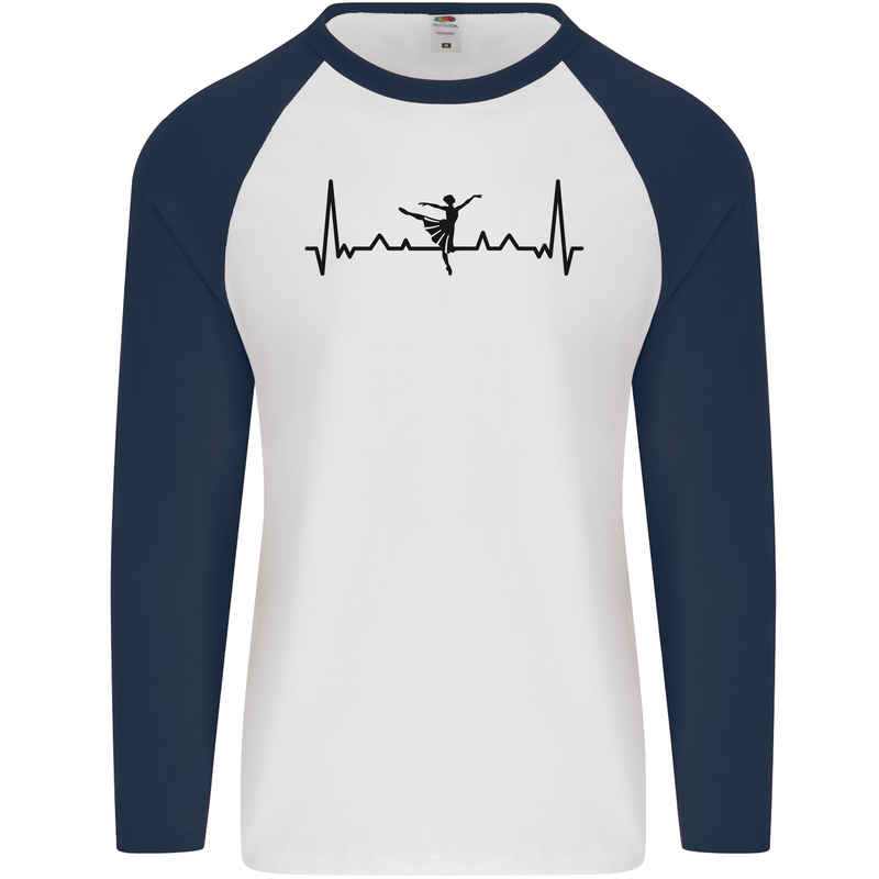 Ballet Dancer ECG Dancing Ballerina Pulse Mens L/S Baseball T-Shirt White/Navy Blue