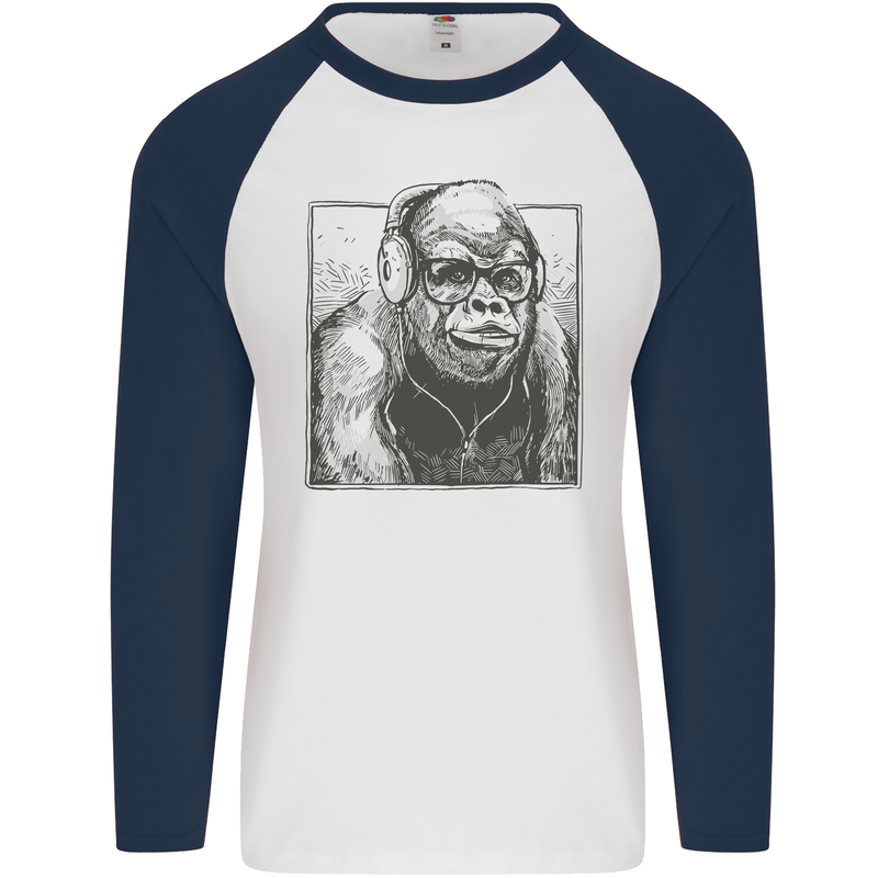 Gorilla with Headphones DJ Dance Music Mens L/S Baseball T-Shirt White/Navy Blue