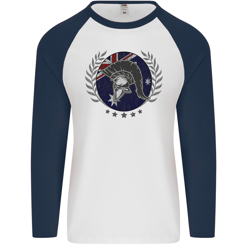 Australian Bodybuilding Flag Gym Training Spartan Mens L/S Baseball T-Shirt White/Navy Blue