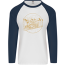 Gold Locomotive Steam Engine Train Spotter Mens L/S Baseball T-Shirt White/Navy Blue
