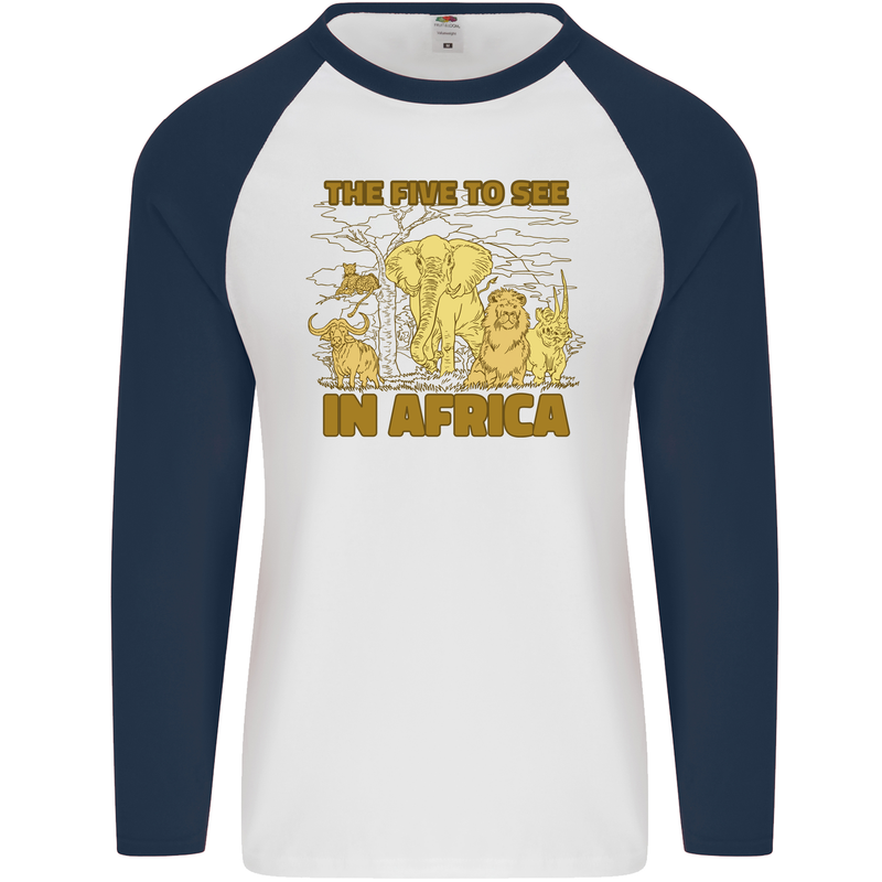 The Five to See in Africa Safari Animals Mens L/S Baseball T-Shirt White/Navy Blue