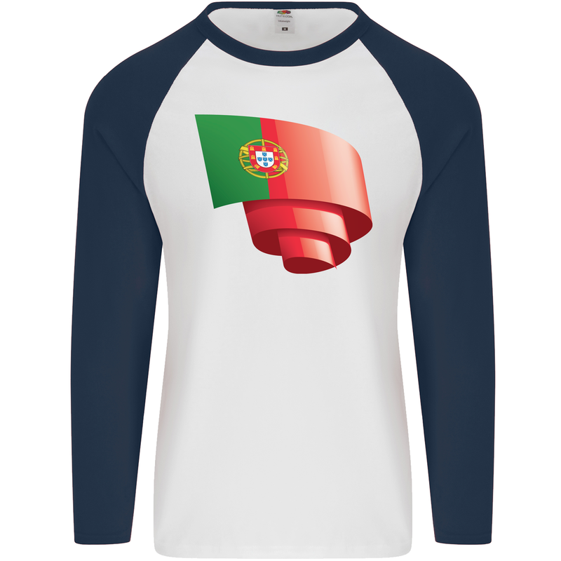 Curled Portugal Flag Portugese Day Football Mens L/S Baseball T-Shirt White/Navy Blue