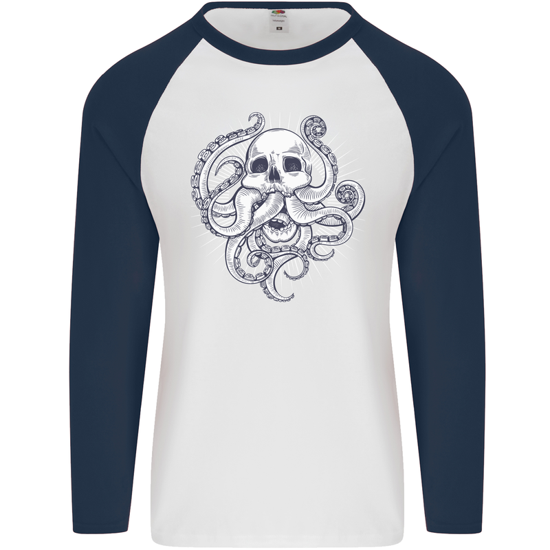 Cthulhu Skull Mens L/S Baseball T-Shirt White/Navy Blue