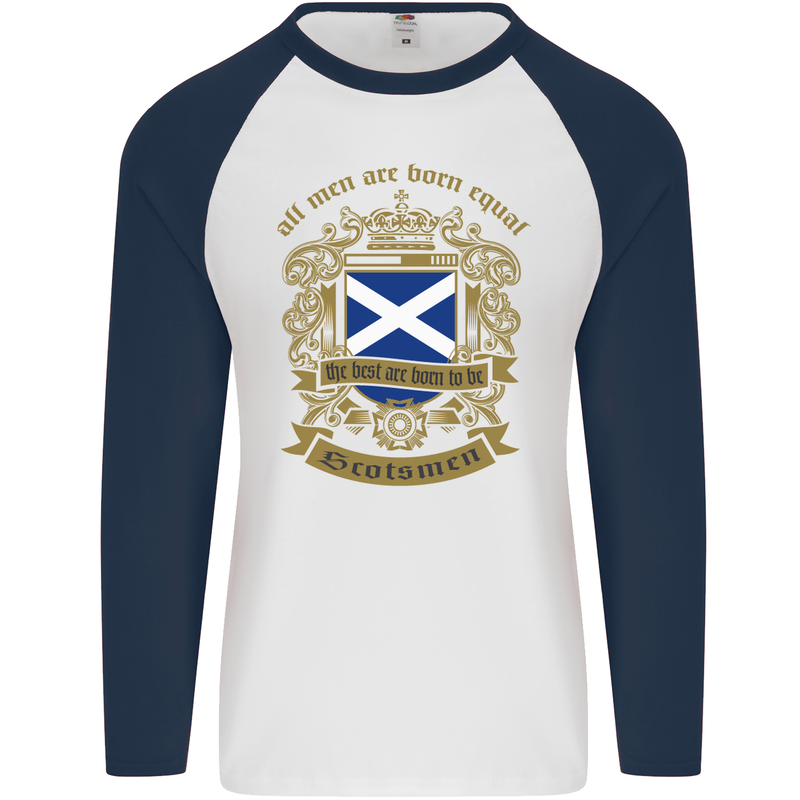 All Men Are Born Equal Scotland Scottish Mens L/S Baseball T-Shirt White/Navy Blue