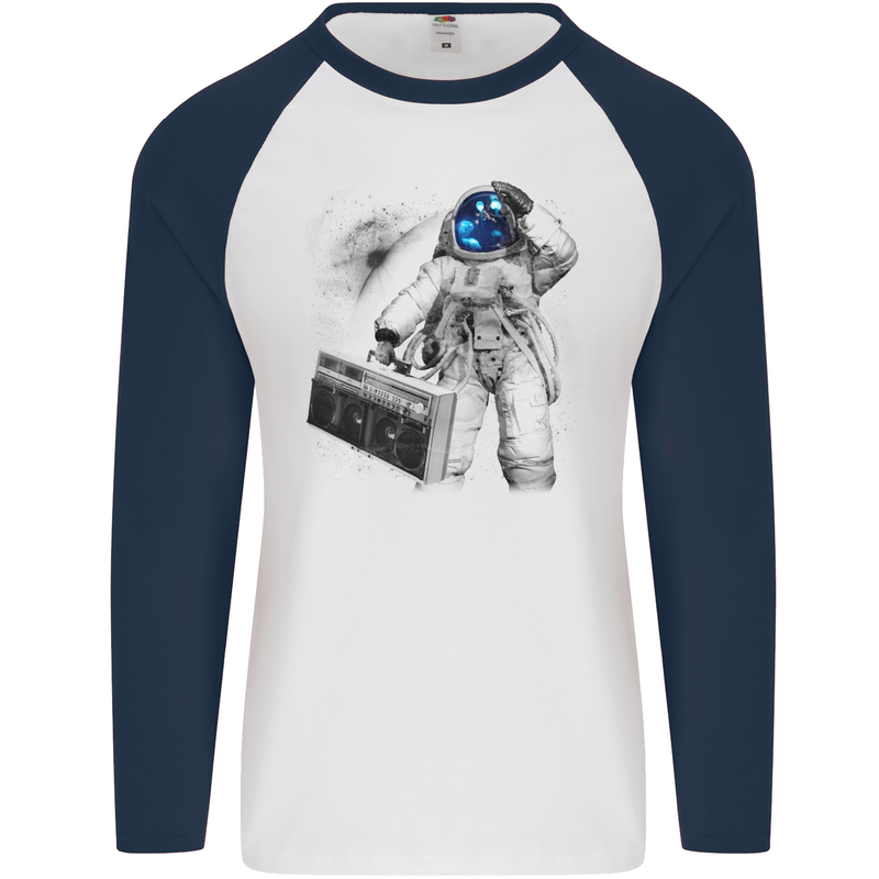 Space Ghetto Blaster Astronaut Music Mens L/S Baseball T-Shirt White/Navy Blue