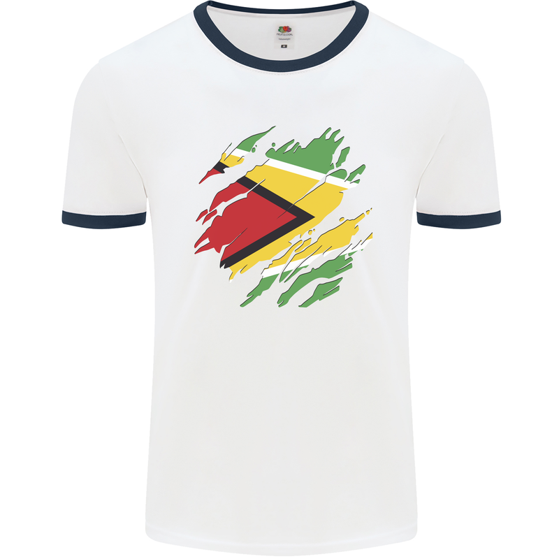 Torn Guyana Flag Guyanese Day Football Mens Ringer T-Shirt White/Navy Blue