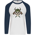 Viking Skull With Axes and Helmet Mens L/S Baseball T-Shirt White/Navy Blue
