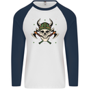 Viking Skull With Axes and Helmet Mens L/S Baseball T-Shirt White/Navy Blue