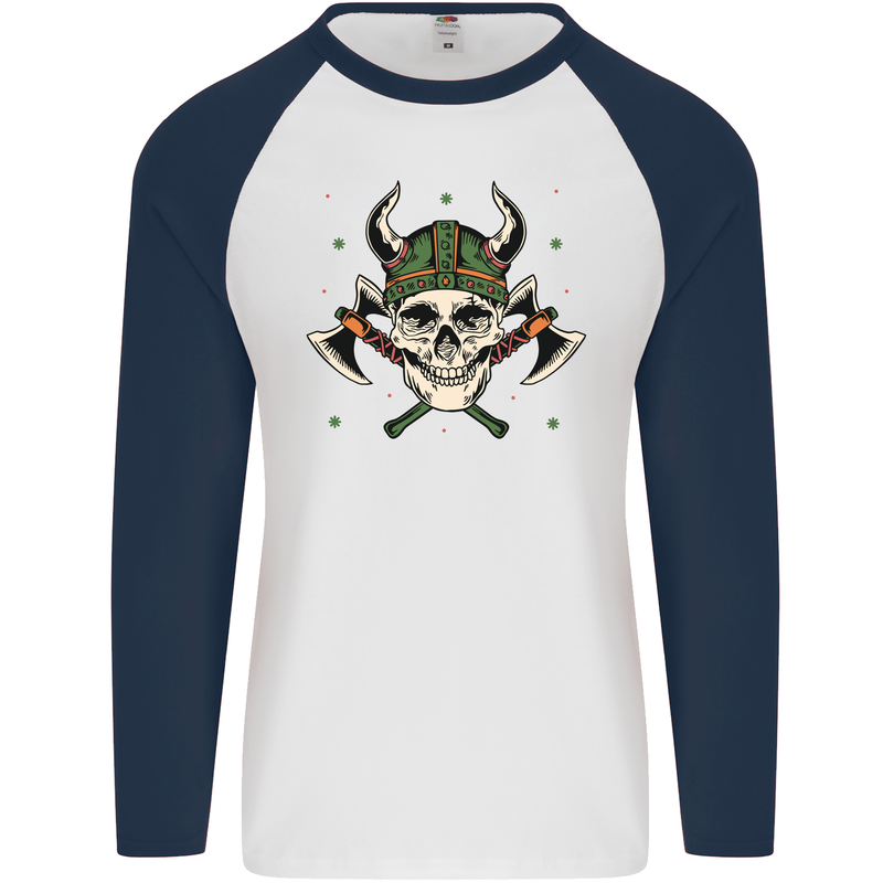 Viking Skull With Axes and Helmet Mens L/S Baseball T-Shirt White/Navy Blue