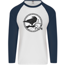 Viking Crow Celtic Norse Valhalla Odin Thor Mens L/S Baseball T-Shirt White/Navy Blue