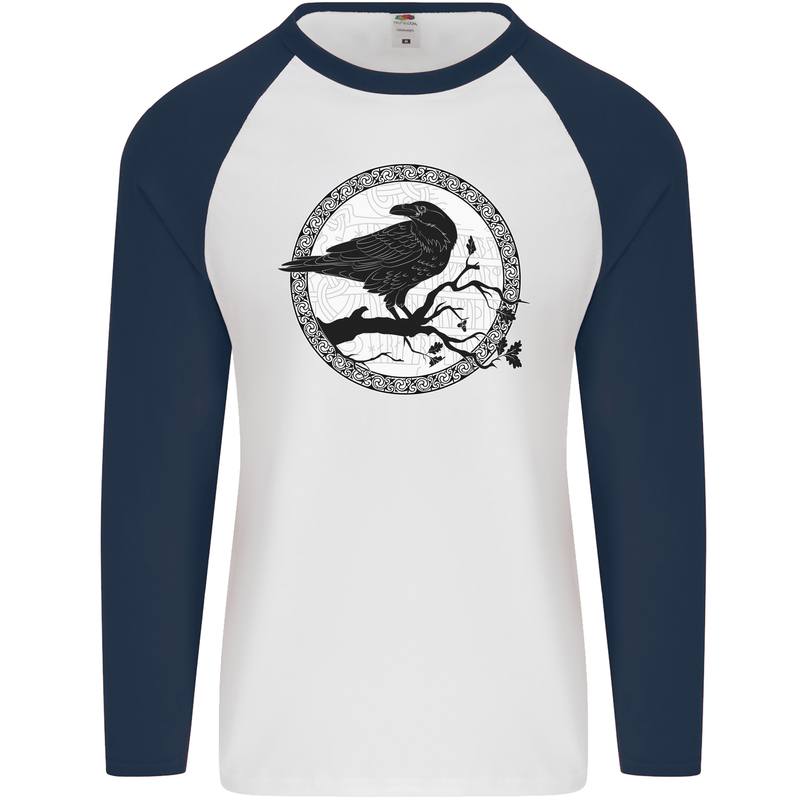 Viking Crow Celtic Norse Valhalla Odin Thor Mens L/S Baseball T-Shirt White/Navy Blue