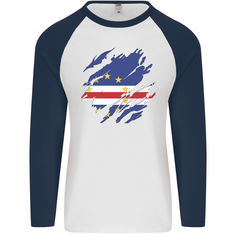 Torn Cape Verde Flag Verdean Day Football Mens L/S Baseball T-Shirt White/Navy Blue