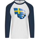 Curled Swedish Flag Sweden Day Football Mens L/S Baseball T-Shirt White/Navy Blue