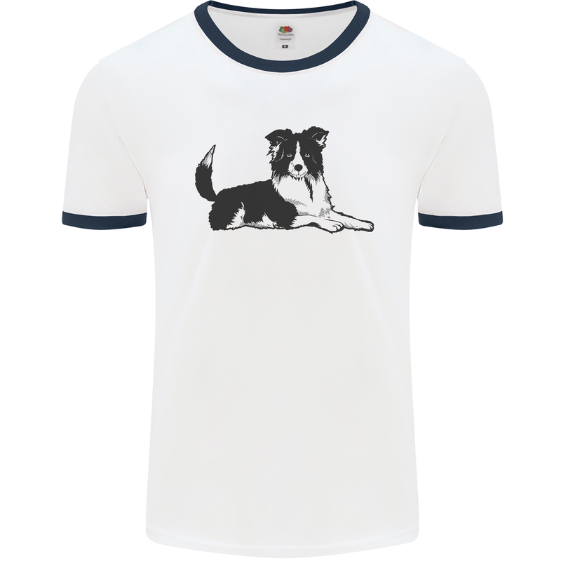 A Border Collie Dog Lying Down Mens Ringer T-Shirt White/Navy Blue