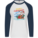 Santa Clause Fishing Funny Christmas Mens L/S Baseball T-Shirt White/Navy Blue