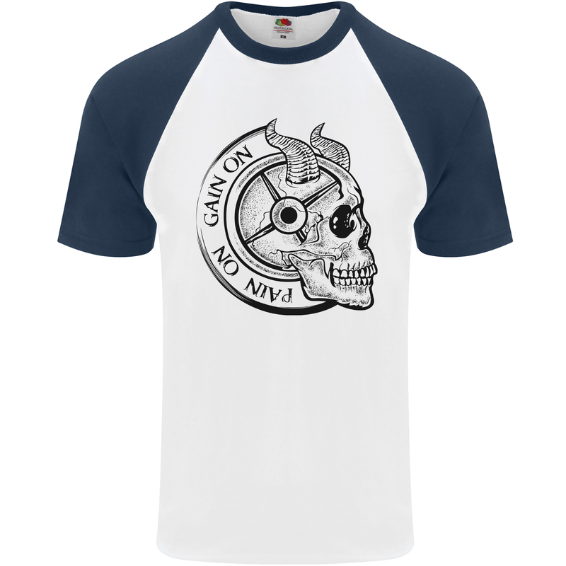 No Pain No Gain Devil Skull Gym Training Mens S/S Baseball T-Shirt White/Navy Blue