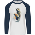 Elephant With Calf Baby Watercolour Mens L/S Baseball T-Shirt White/Navy Blue