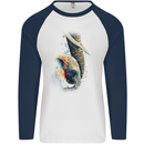 Elephant With Calf Baby Watercolour Mens L/S Baseball T-Shirt White/Navy Blue