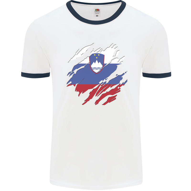 Torn Slovenia Flag Slovenian Day Football Mens Ringer T-Shirt White/Navy Blue