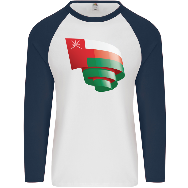Curled Oman Flag Omani Day Football Mens L/S Baseball T-Shirt White/Navy Blue