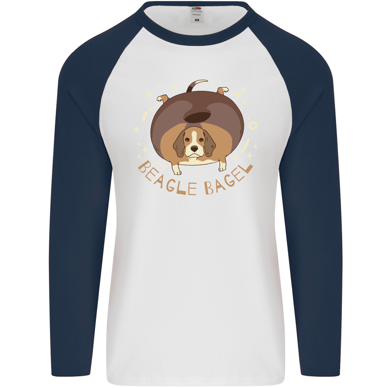 Beagle Bagel Funny Dog Mens L/S Baseball T-Shirt White/Navy Blue