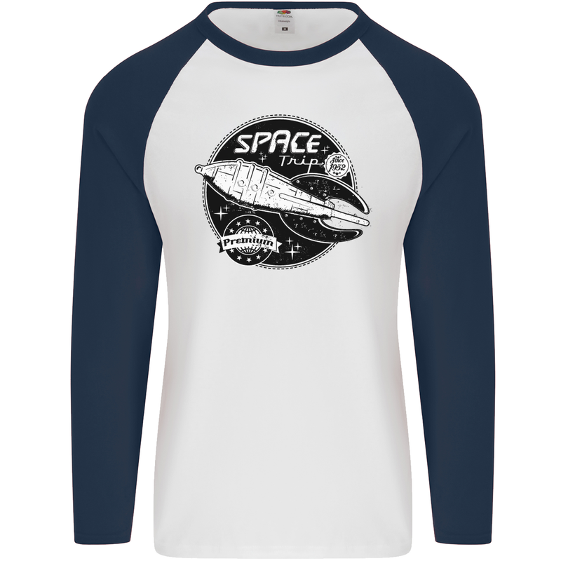 Space Trip Rocket Ship Astronaut Mens L/S Baseball T-Shirt White/Navy Blue