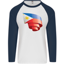 Curled Philippines Flag Philipino Day Football Mens L/S Baseball T-Shirt White/Navy Blue