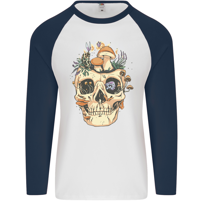 Mushroom Skull Nature Ecology Toadstool Mens L/S Baseball T-Shirt White/Navy Blue