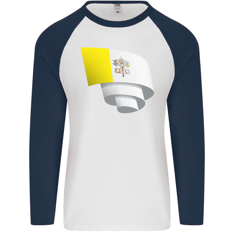 Curled Vatican Flag Mens L/S Baseball T-Shirt White/Navy Blue