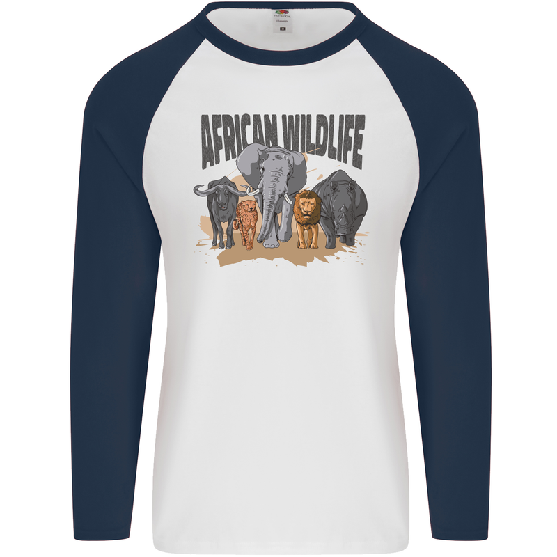 African Wildlife Elephant Lion Rhino Safari Mens L/S Baseball T-Shirt White/Navy Blue