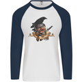 Libertad Skull Freedom Pirate Crow Raven Mens L/S Baseball T-Shirt White/Navy Blue