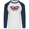 Union Jack Butterfly British Britain Flag Mens L/S Baseball T-Shirt White/Navy Blue