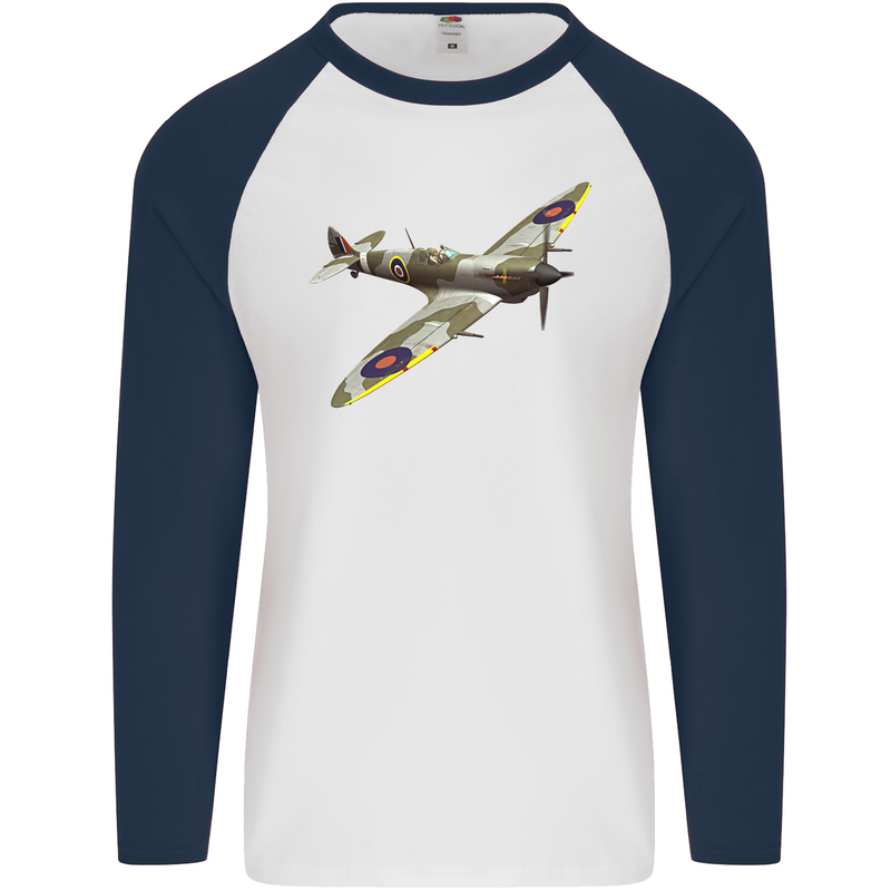 A Supermarine Spitfire Fying Solo Mens L/S Baseball T-Shirt White/Navy Blue